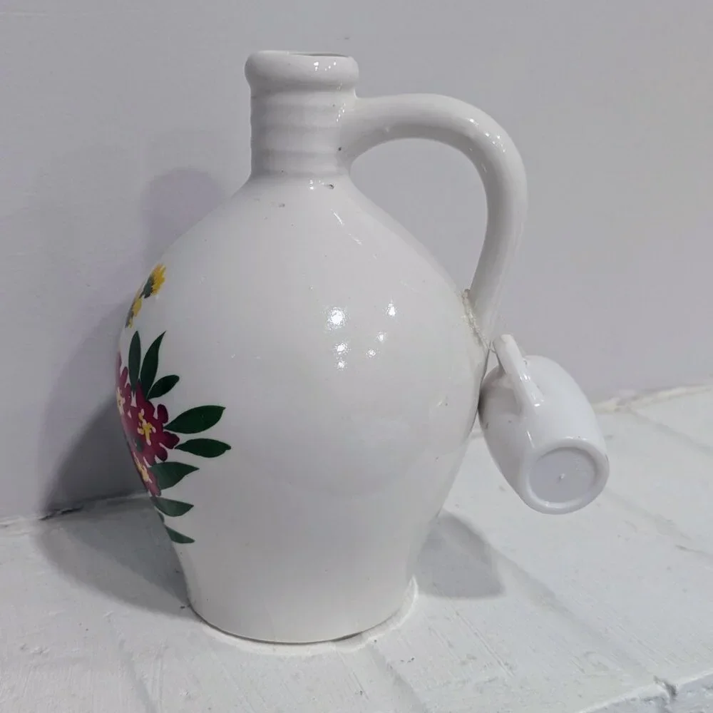VTG Bavarian Enzian Liqueur Decanter Attached Shot Glass Floral Barware 60s
